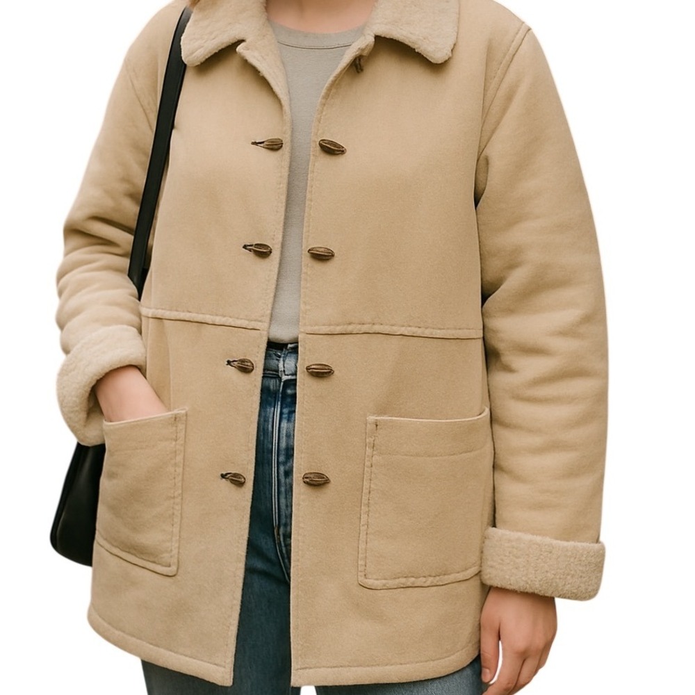Sigrid Olsen Faux Suede Sherpa Coat Tan Large Y2K Boho - Picture 7 of 15